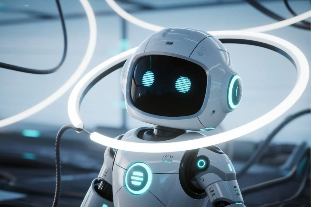 Desktop robot assisting in a modern office setting