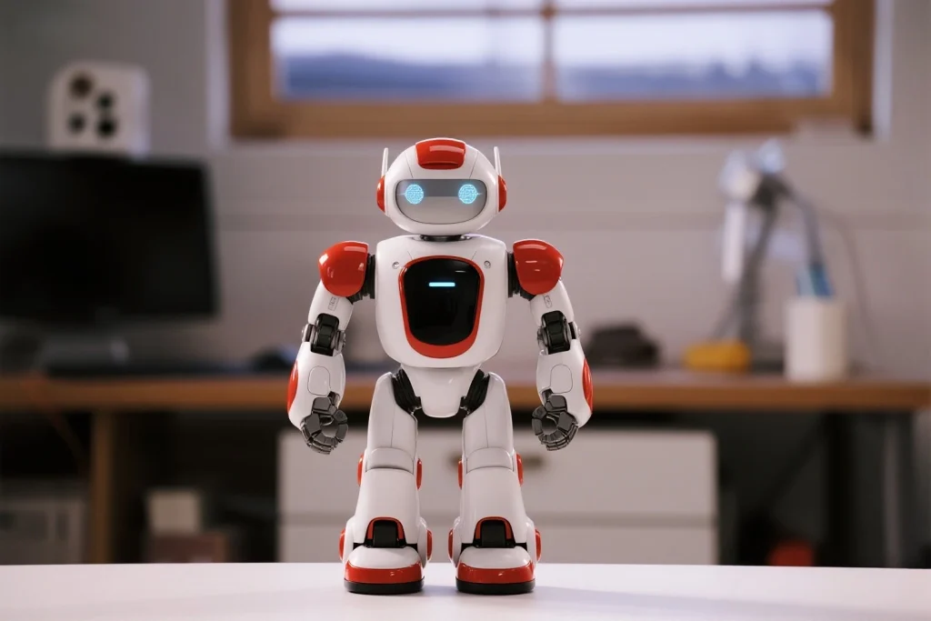 Senior interacting with emotional AI robot companion