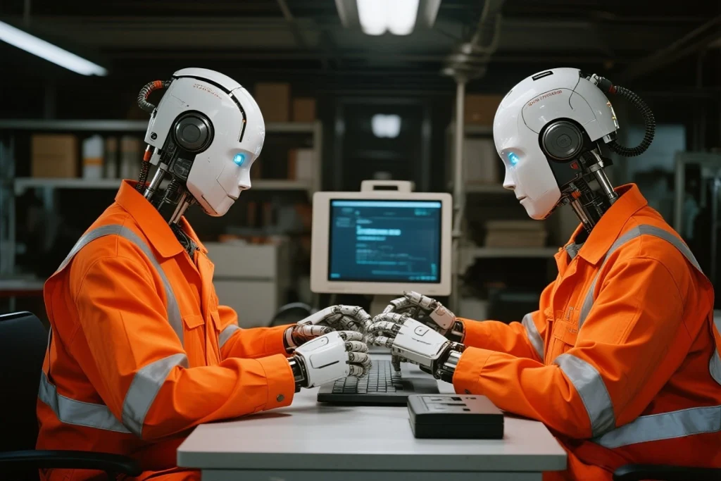 AI robots replace human jobs and collaborate with humans in factory manufacturing settings.