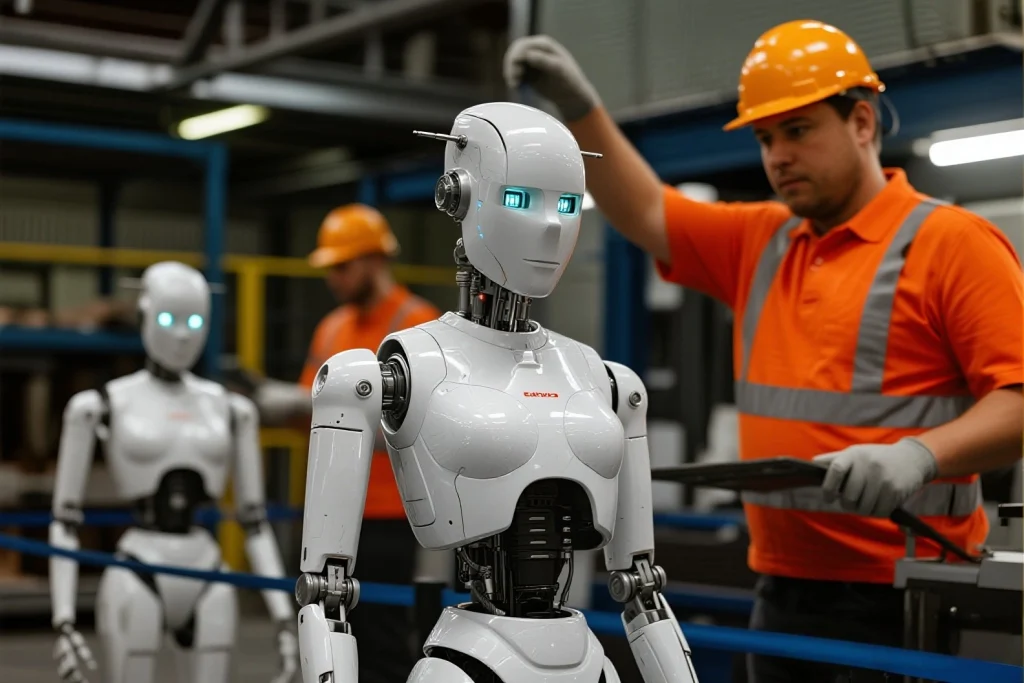 AI robots replace human jobs in logistics with autonomous delivery robots in urban areas.