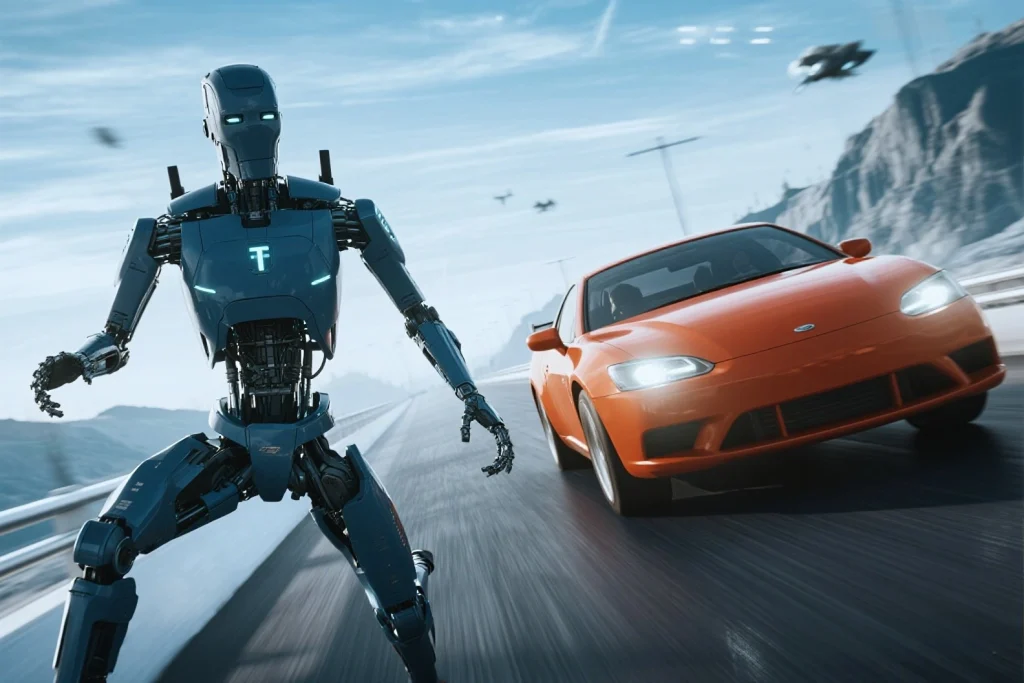 Autonomous car and robot working together showcasing AI safety features