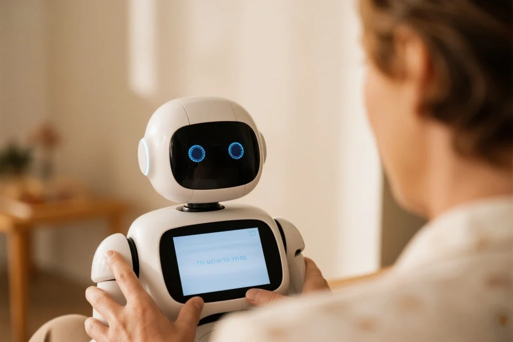 Elderly man interacting with AI robot CareBot Senior Plus