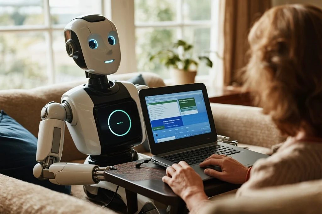TalkieBot G1 on a table speaking to a senior man