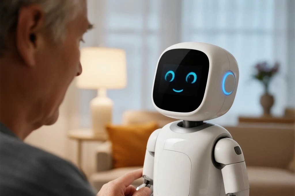 Senior woman talking to Emoti AI R2 for emotional support