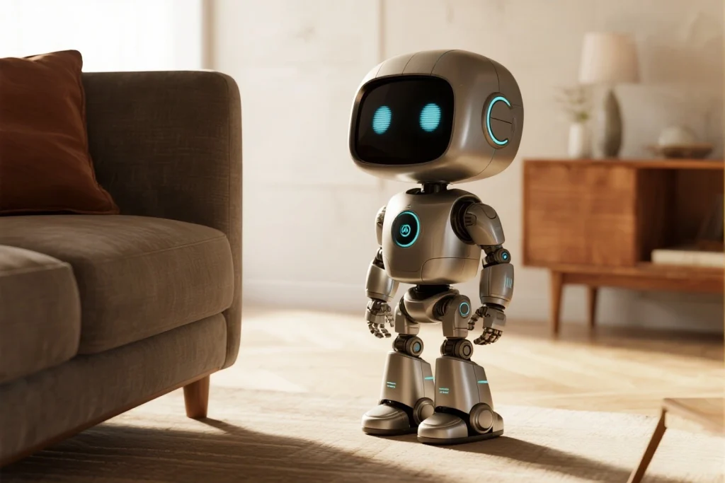 Temi AI robot moving around the house to assist with meetings and daily tasks