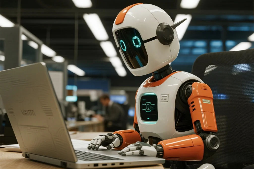 Temi robot moving in office space for meetings and video calls