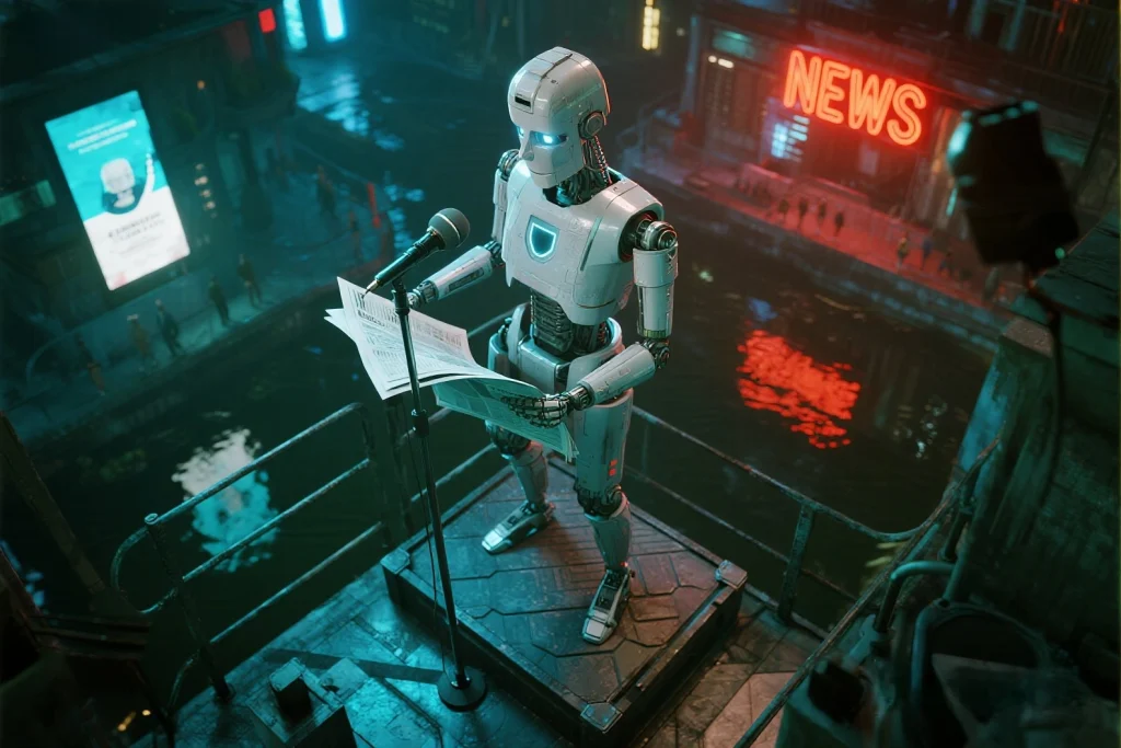 AI robot news presentation of desktop robot assistant enhancing productivity