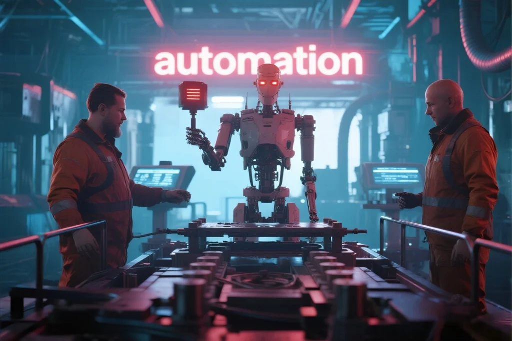 Hybrid workforce with AI robots replace human jobs and humans collaborating in future workplaces.