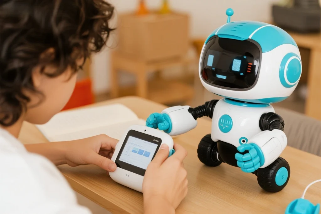 Children playing with interactive AI toy robots designed for education