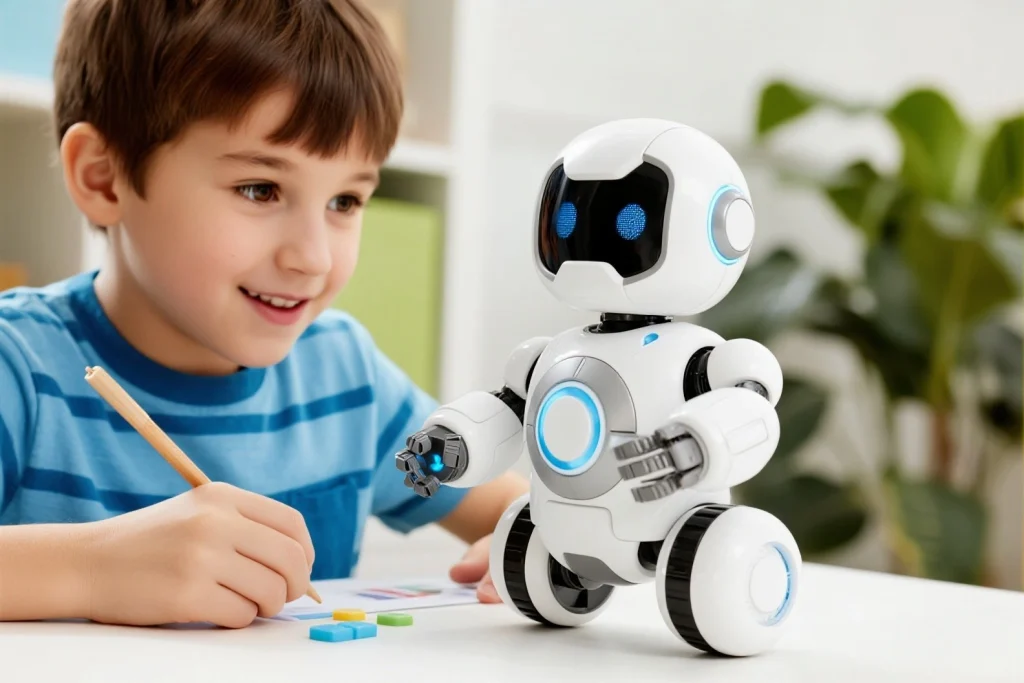 Young girl hugging a small AI toy robot with expressive eyes