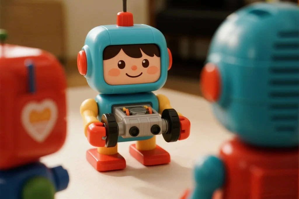 Boy talking to a speech-enabled AI toy robot