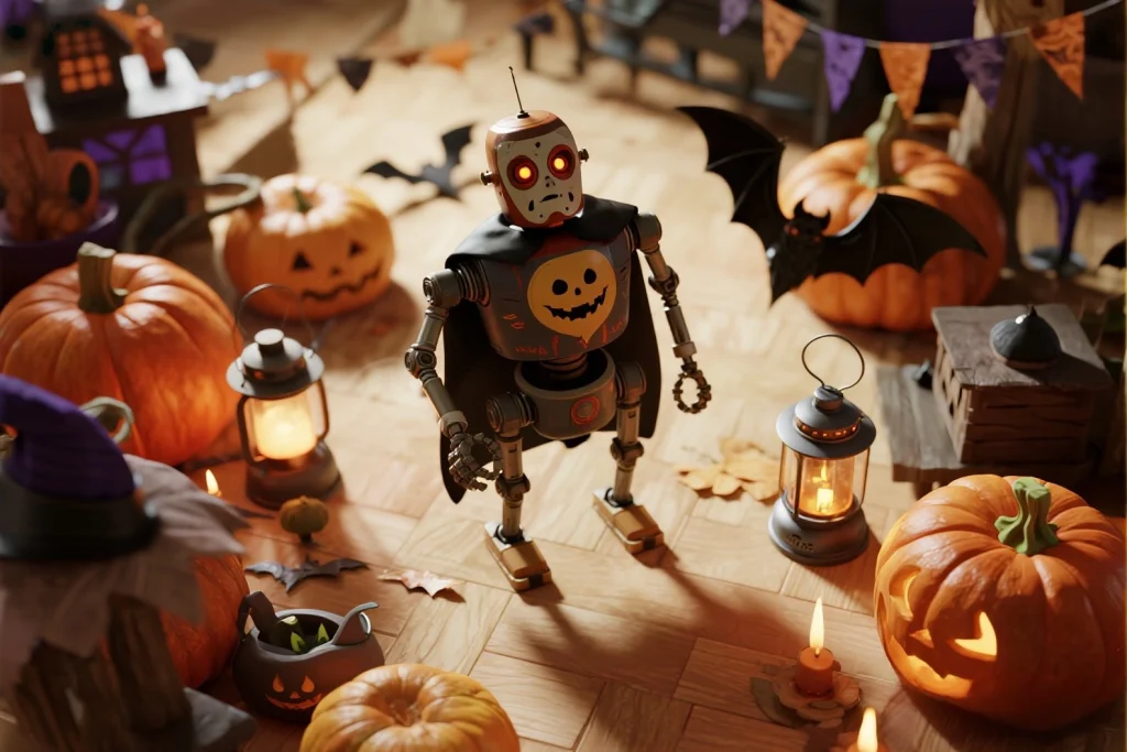 Desktop robot assistants with Halloween decorations and discount labels