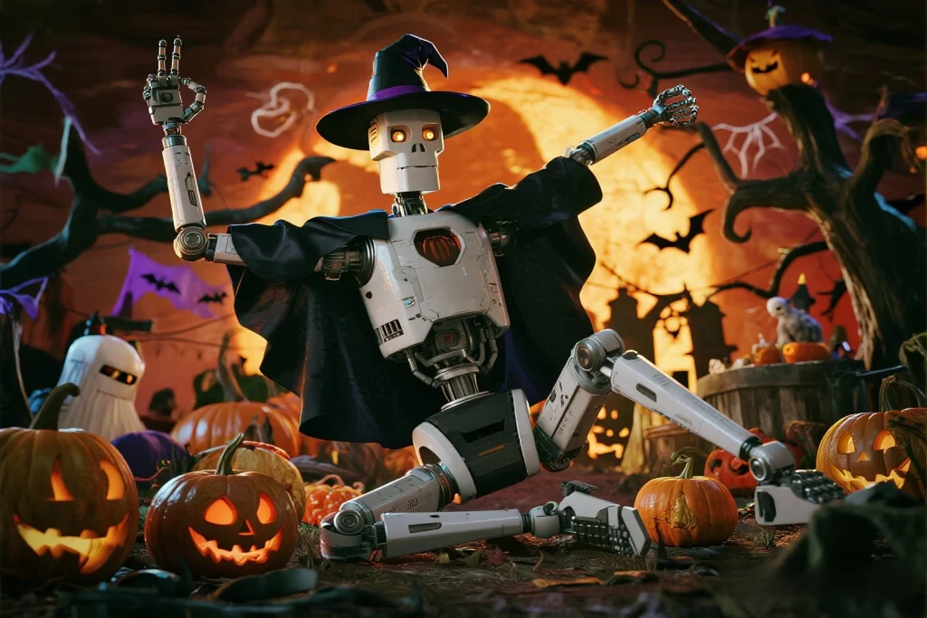 Halloween AI Robot Discounts 2025 promotional banner with Halloween decorations and AI robots