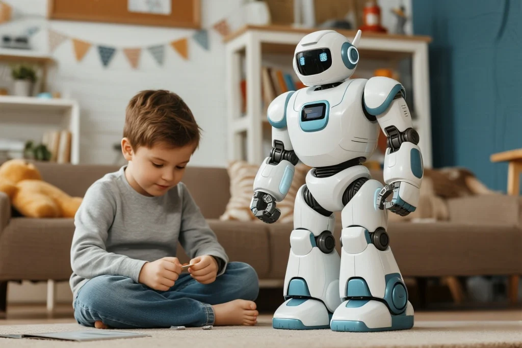 Two kids playing outdoors with rugged AI toy robots in the grass