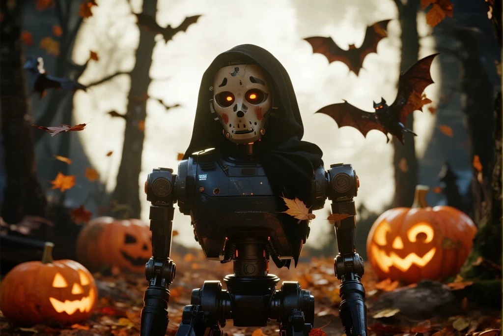 Smart home AI robots managing Halloween decorations with discount signs