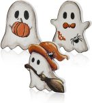 Smile 3 Pcs Wooden Blocks Signs, Happy Halloween Ghost