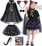 Black Cat Costume and Cape for Girls, 7 Pcs LED Light
