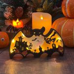 Halloween Wooden Lighted Table Decoration, Light Up Bat