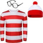 Adult Men Red and White Striped Tee Shirt Glasses Hat