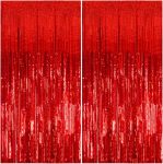 2 Pack Foil Curtain Backdrop Red Metallic Tinsel Foil