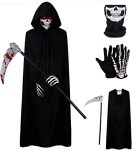 Soochat 4 Pcs Halloween Grim Reaper Costume Set, Black