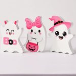 3 PCs Pink Halloween Table Decor, 3 Style Cute Wooden