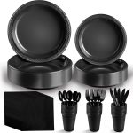 Black Plastic Plates, 25 Guest Disposable Dinnerware
