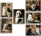 6Pcs Halloween Ghosts Wall Art Ghost Black Cat Funny