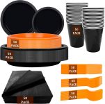 MirthMood 350PCS black and orange Plastic Plates,Black