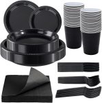 WELLIFE 210 PCS Black Plastic Plates for 30 Guests -