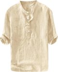 Ryannology Mens Linen Shirts Casual Cotton 3/4 Sleeve